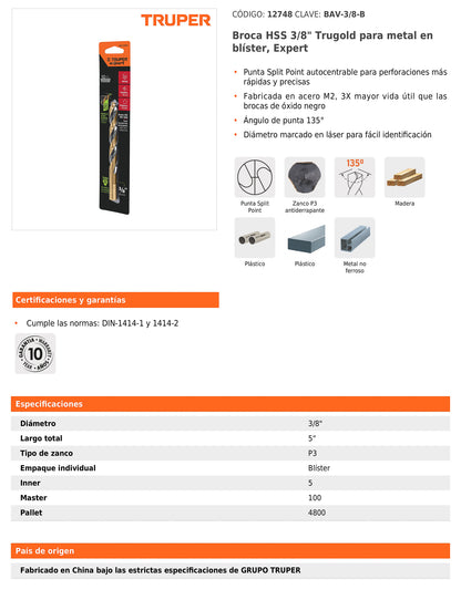 Broca HSS 3/8 pulg Trugold para metal con punta Split Point