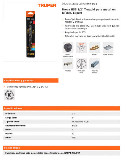 Broca HSS 1/2 pulg Trugold para metal con punta Split Point