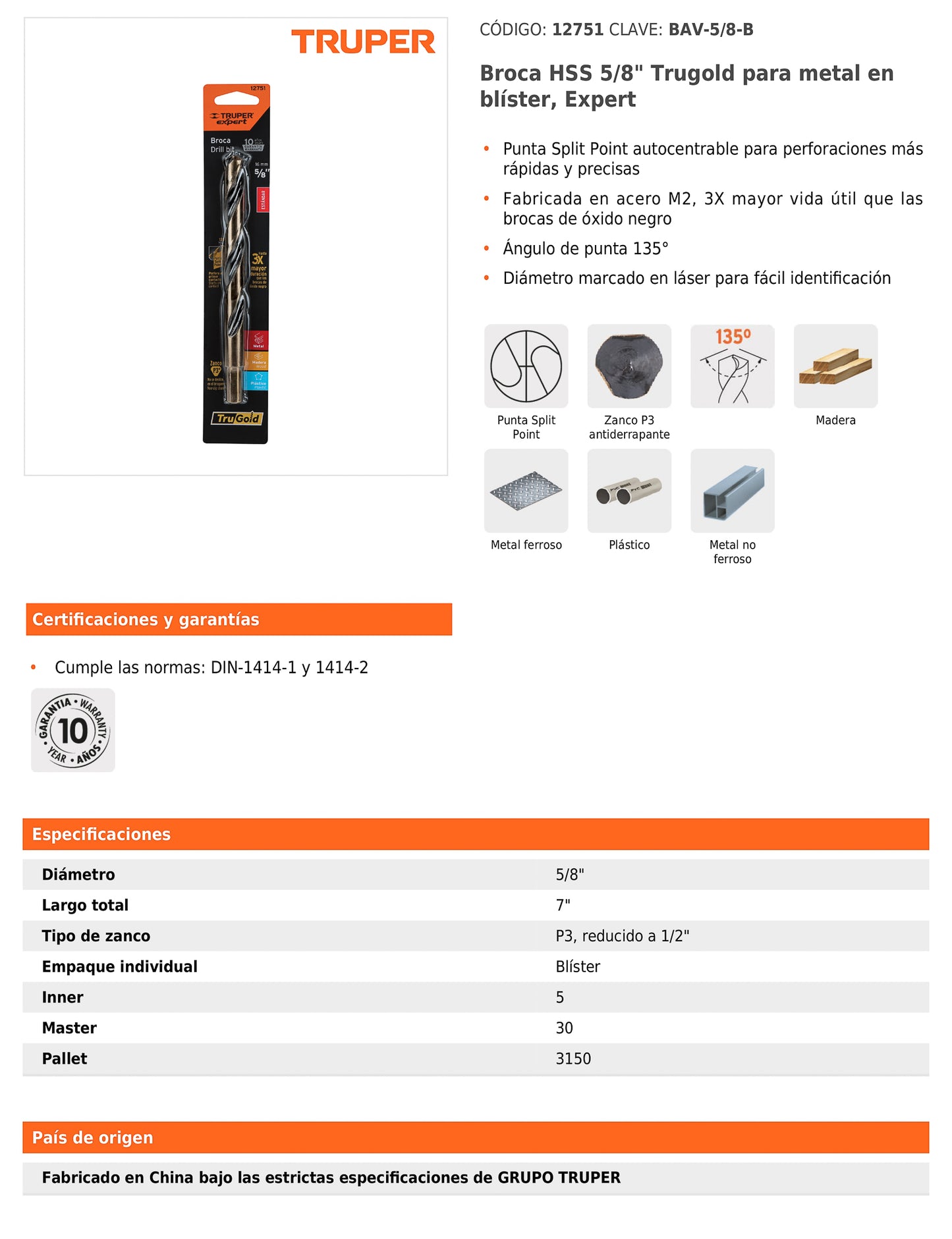 Broca HSS 5/8 pulg Trugold para metal con punta Split Point