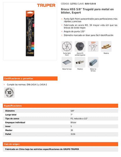 Broca HSS 5/8 pulg Trugold para metal con punta Split Point