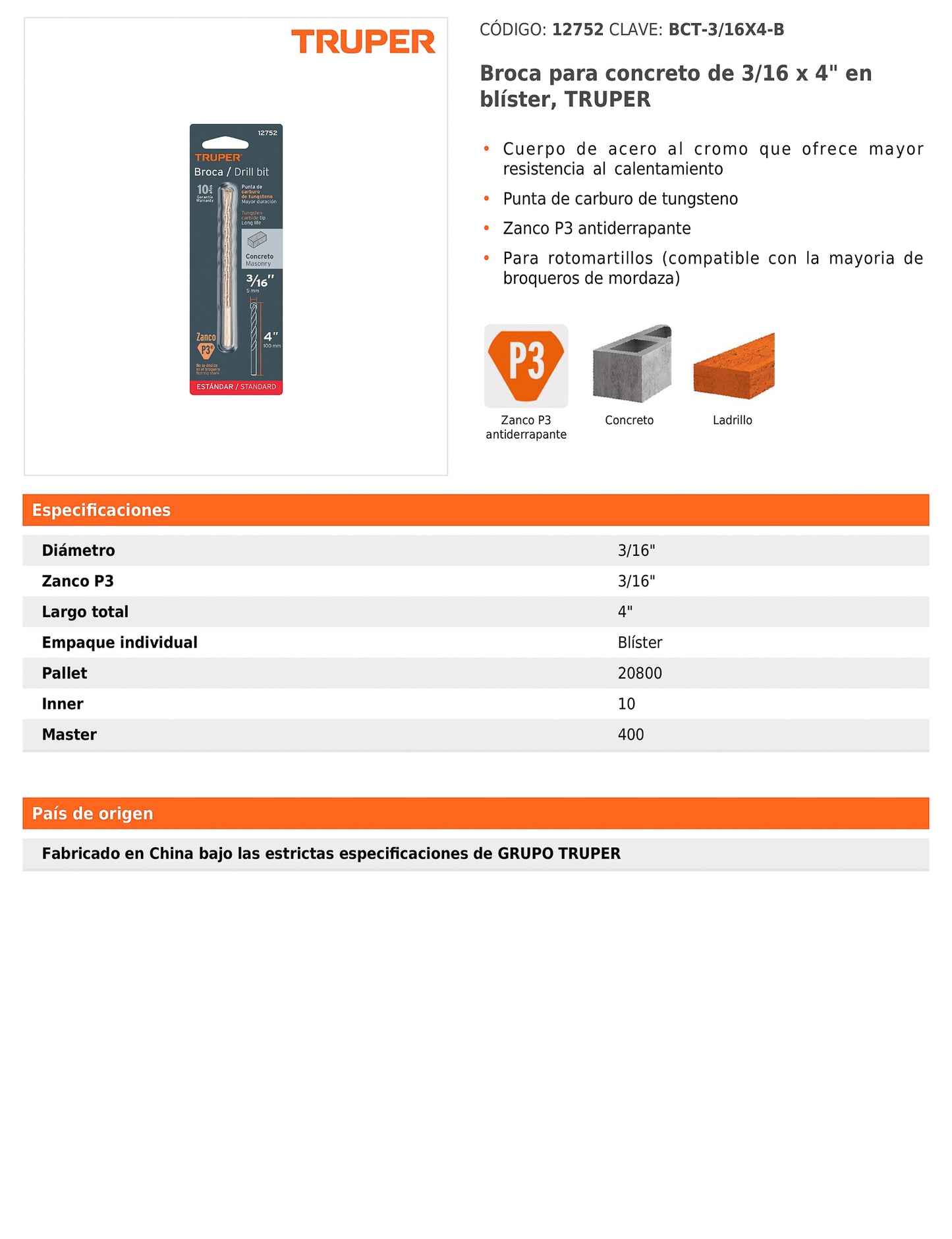 Broca para concreto de 3/16 x 4 in con punta de carburo de tungsteno