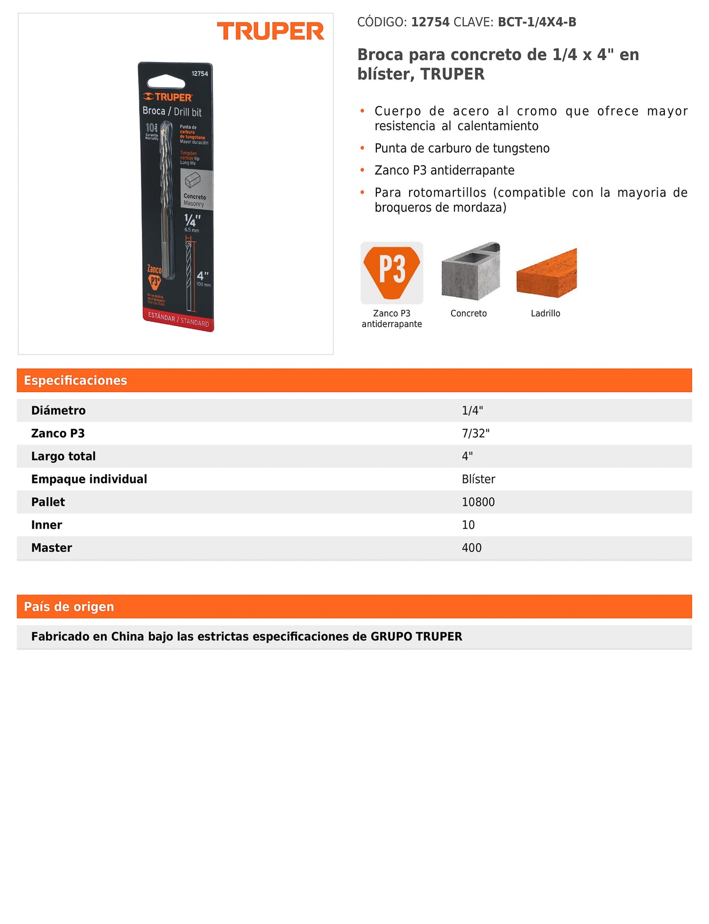 Broca para concreto de 1/4 x 4 in con punta de carburo de tungsteno