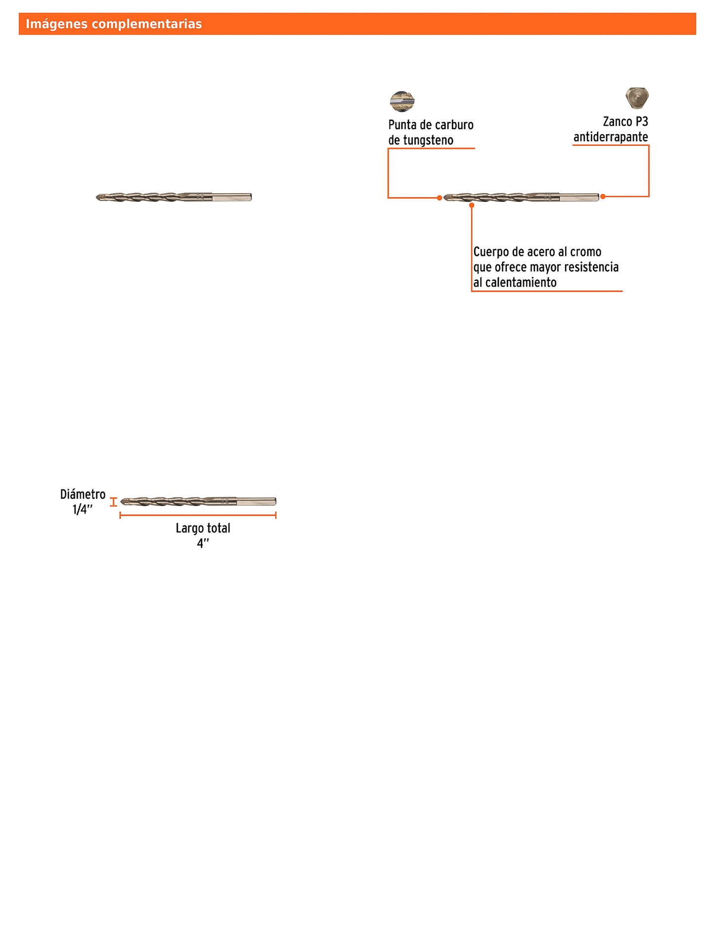 Broca para concreto de 1/4 x 4 in con punta de carburo de tungsteno