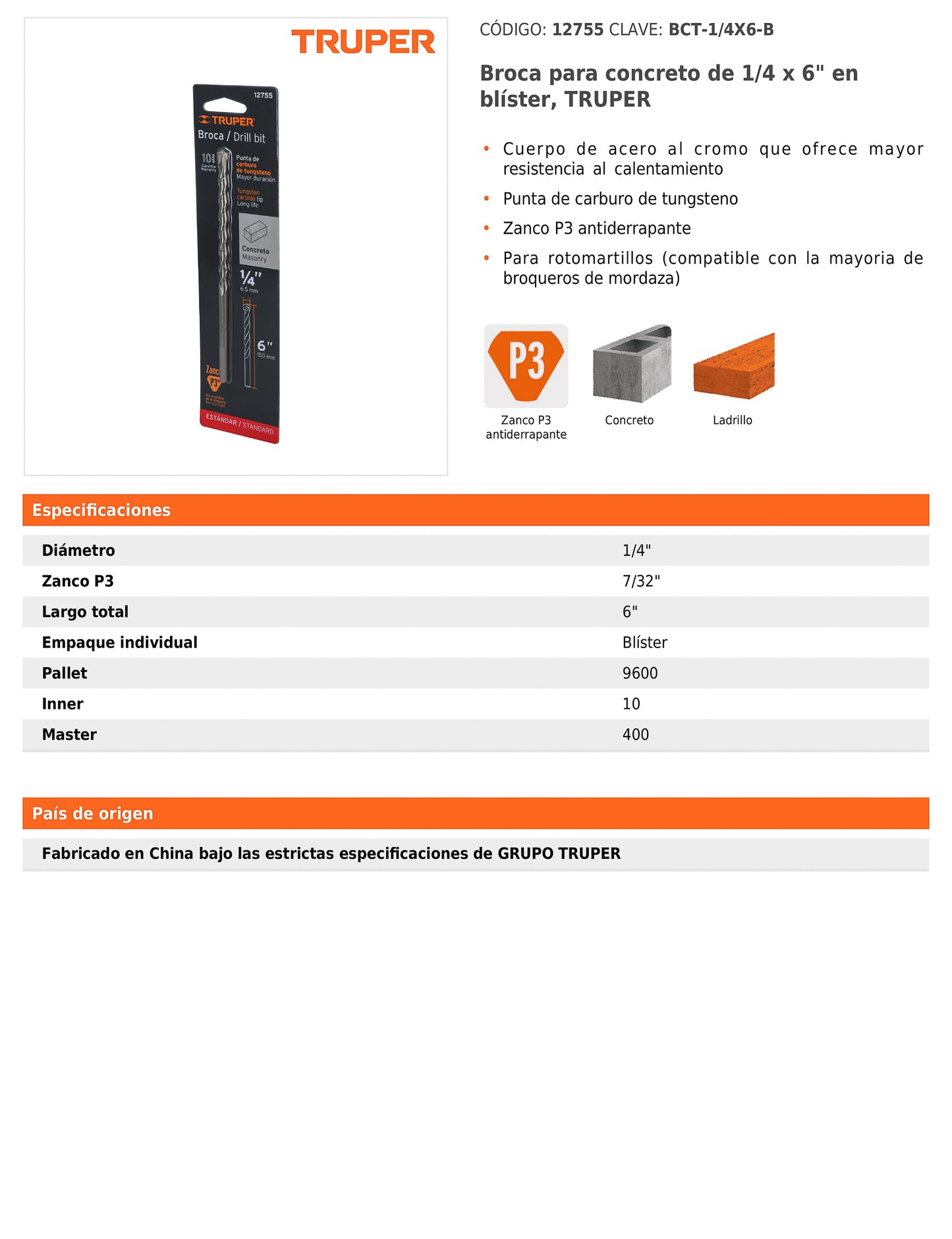 Broca para concreto de 1/4 x 6 in con punta de carburo de tungsteno