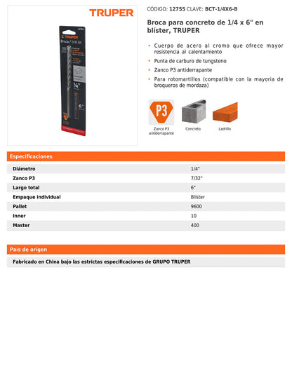 Broca para concreto de 1/4 x 6 in con punta de carburo de tungsteno