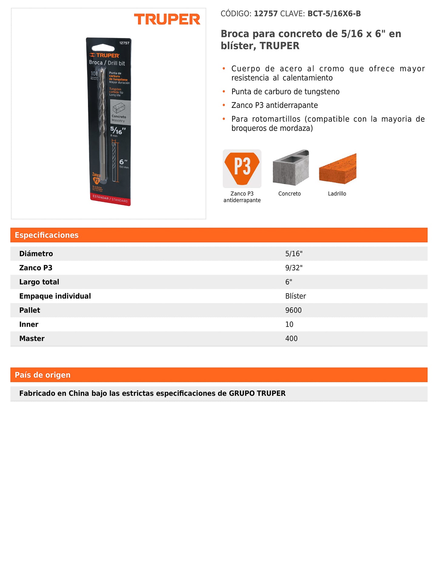 Broca para concreto de 5/16 x 6 in con punta de carburo de tungsteno