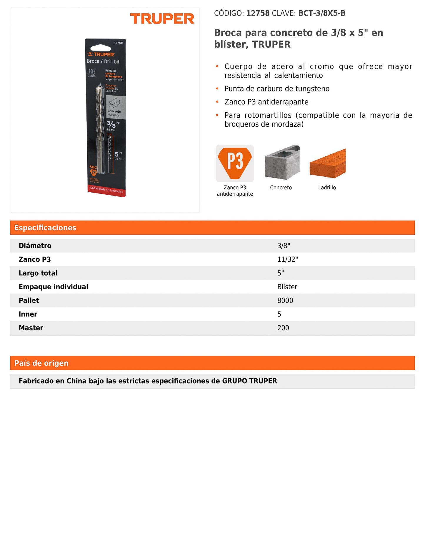 Broca para concreto de 3/8 x 5 in con punta de carburo de tungsteno