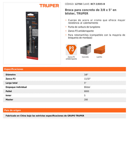 Broca para concreto de 3/8 x 5 in con punta de carburo de tungsteno