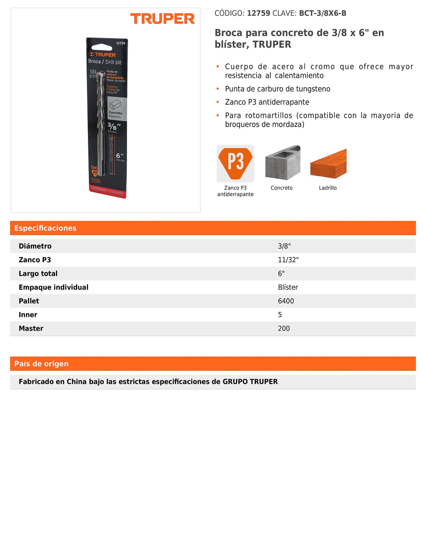 Broca para concreto de 3/8 x 6 in con punta de carburo de tungsteno