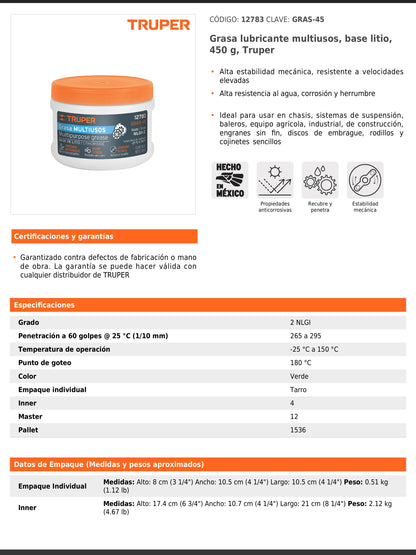 Grasa lubricante multiusos base litio de 450 g