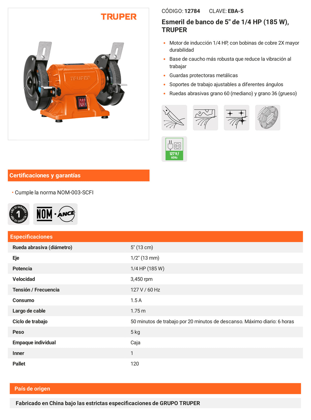 Ficha tecnica - Esmeril de banco de 5 pulg 1/4 - SKU 12784