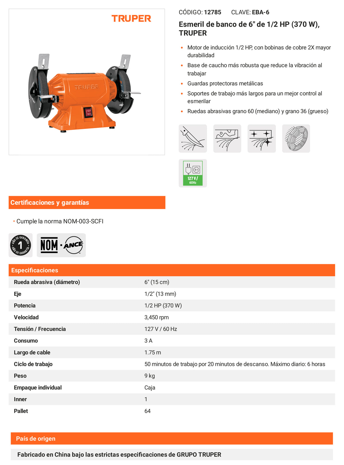 Ficha tecnica - Esmeril de banco de 6 pulg - SKU 12785