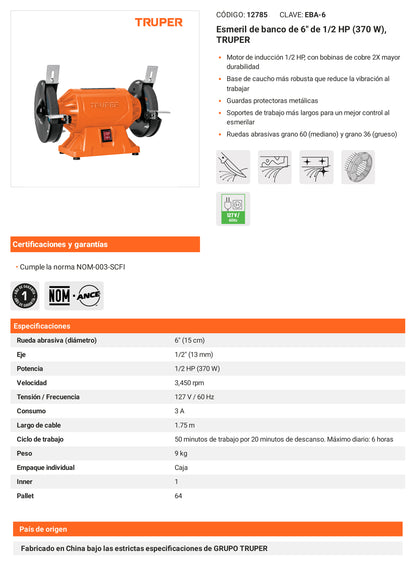 Ficha tecnica - Esmeril de banco de 6 pulg - SKU 12785