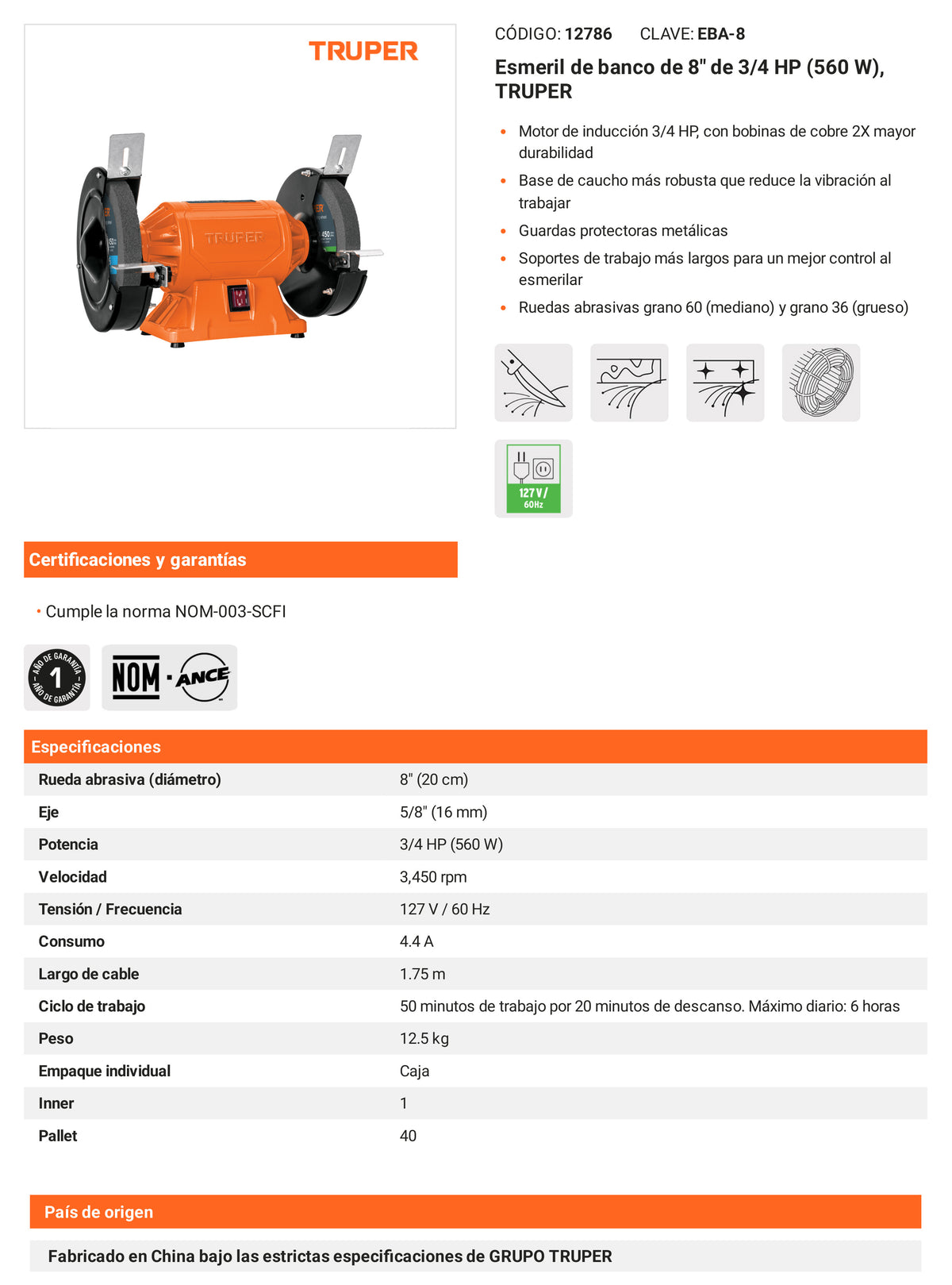 Ficha tecnica - Esmeril de banco de 8 pulg - SKU 12786