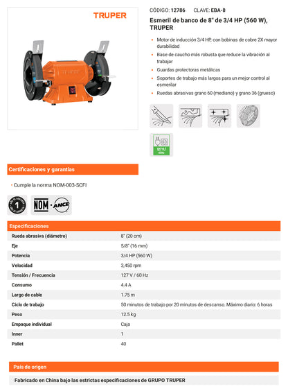 Ficha tecnica - Esmeril de banco de 8 pulg - SKU 12786