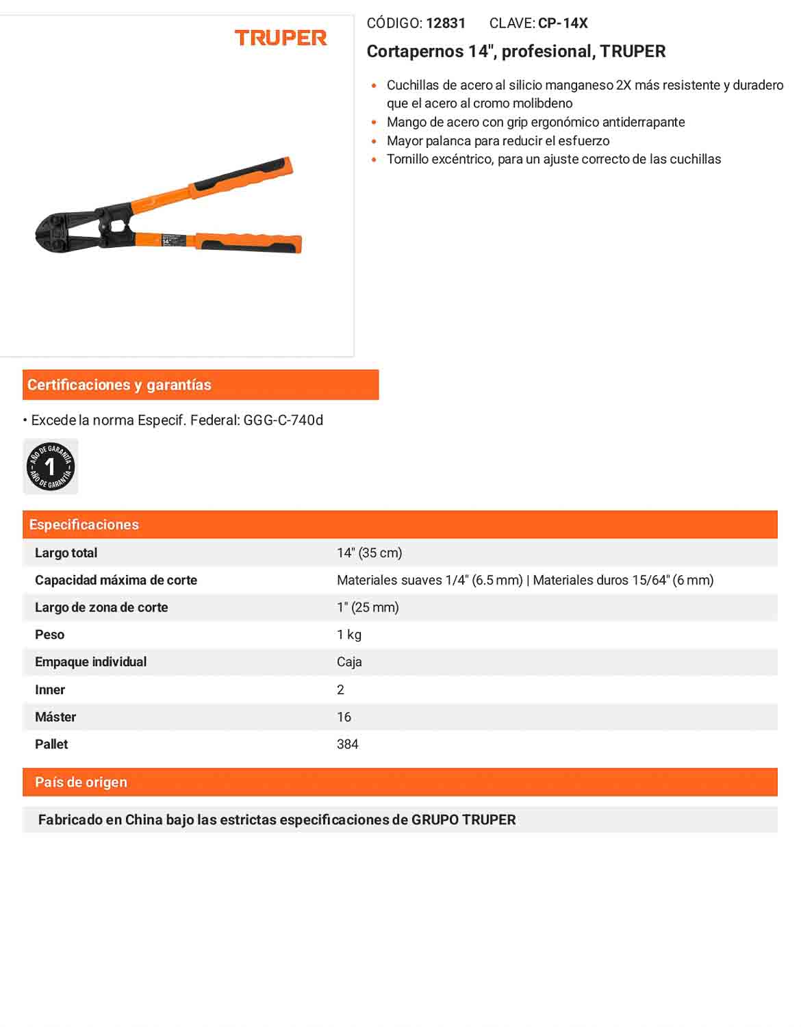 Cortapernos profesional 14 pulg.