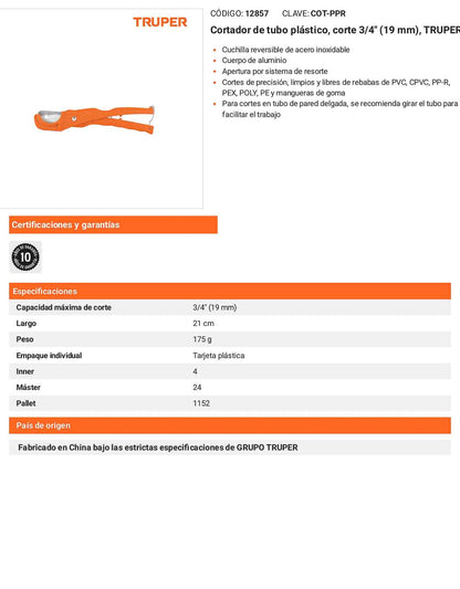 Cortador de tubo plastico capacidad 19 mm