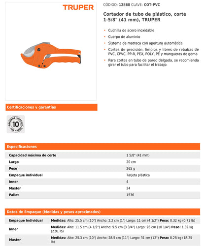 Cortador de Tubo de Plástico, Capacidad Corte 1-5/8"