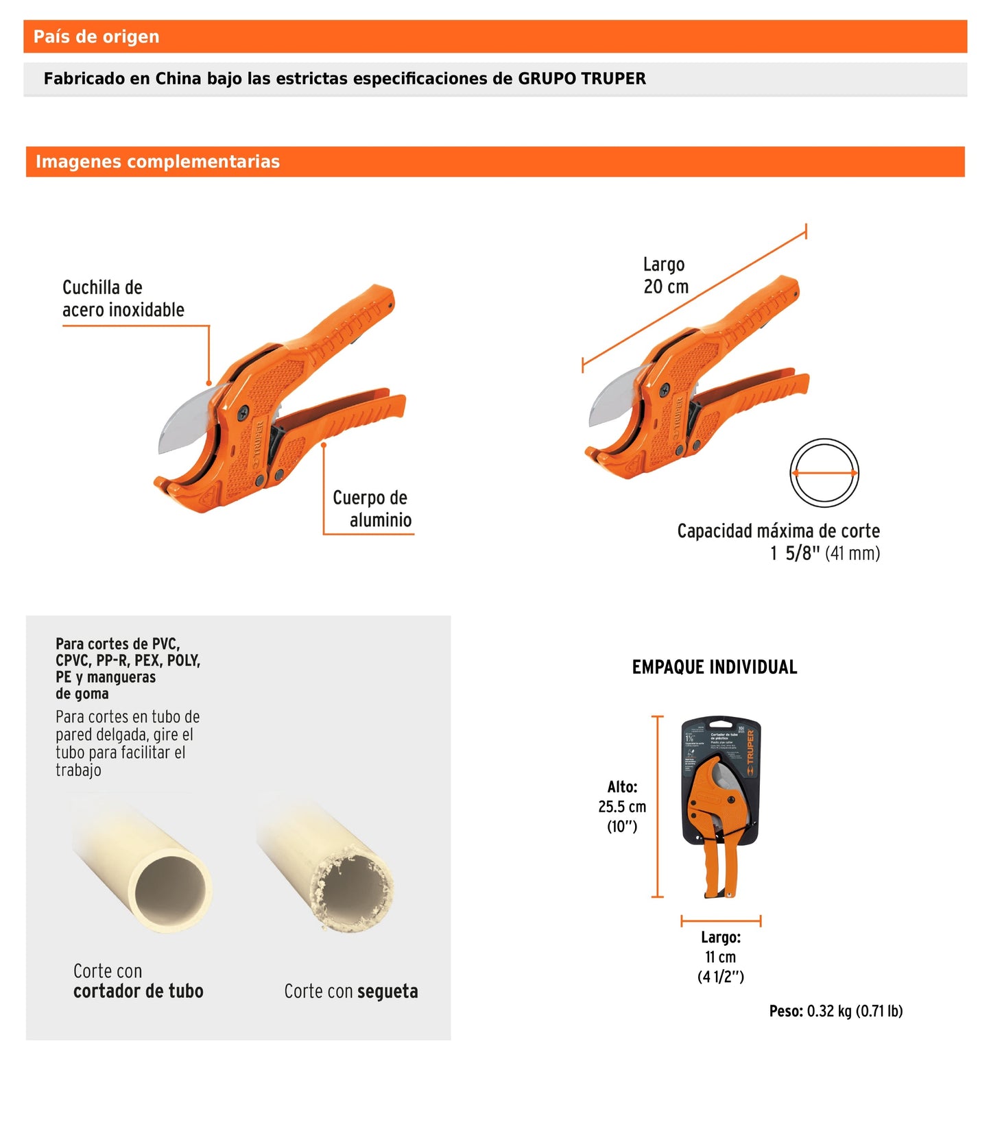 Cortador de Tubo de Plástico, Capacidad Corte 1-5/8"