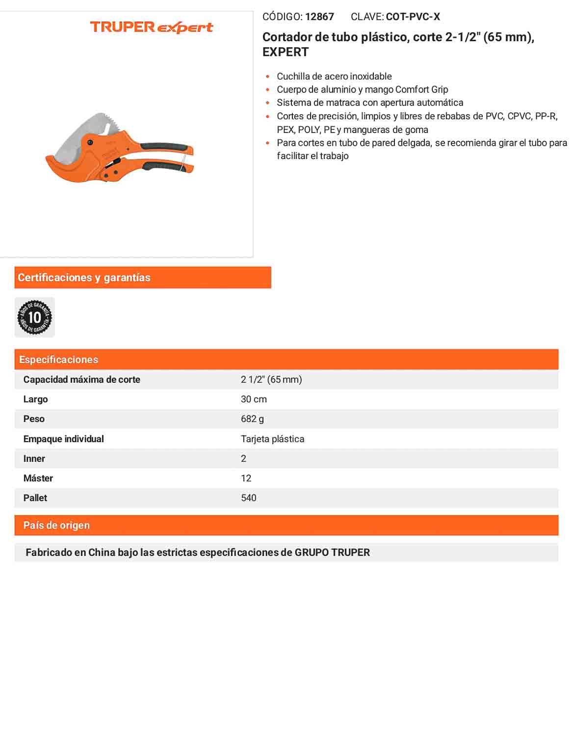 Cortador de tubo plastico capacidad 65 mm