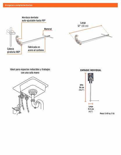 Llave de plomero 12 pulg con mordaza autoajustable