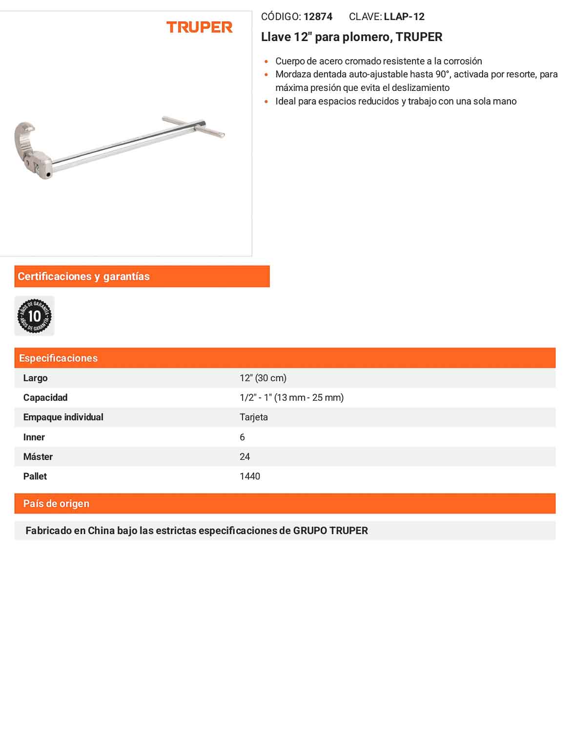 Llave de plomero 12 pulg con mordaza autoajustable