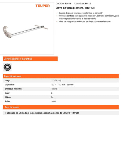 Llave de plomero 12 pulg con mordaza autoajustable