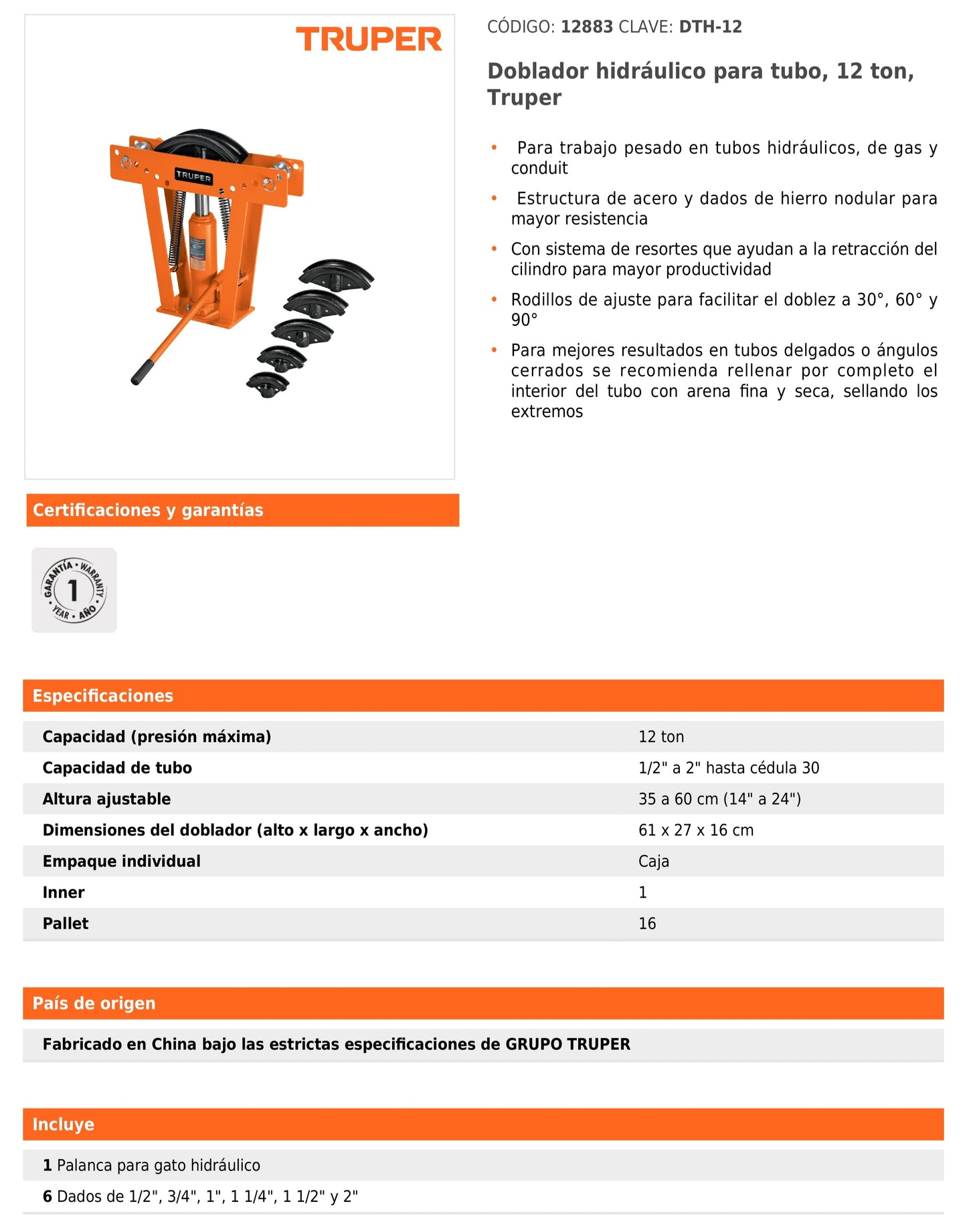 Doblador Hidráulico para Tubo, 12 ton
