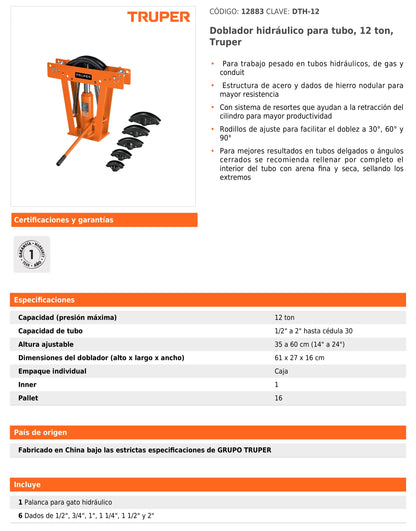 Doblador Hidráulico para Tubo, 12 ton