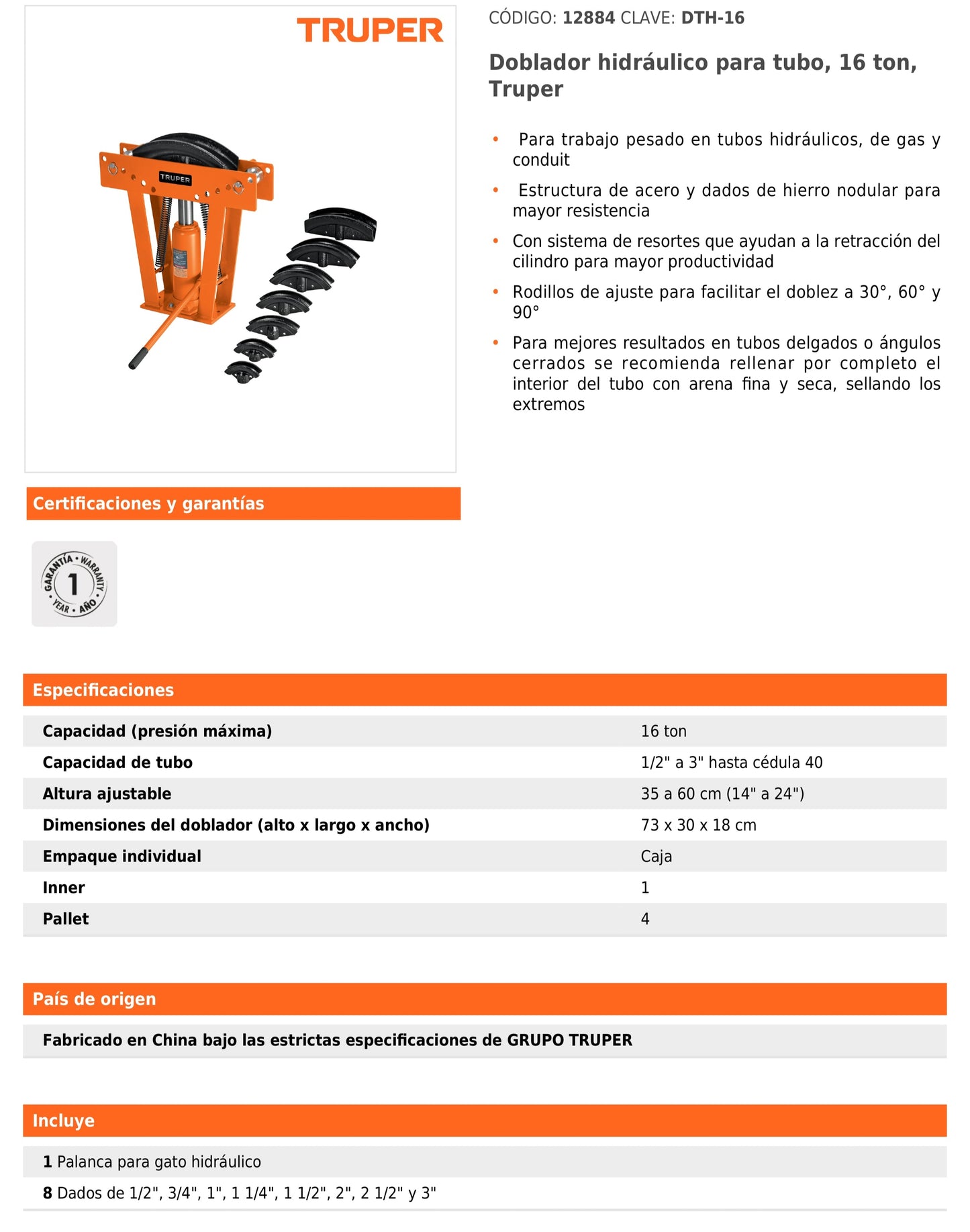 Doblador hidráulico para tubo de 16 toneladas con dados de hierro nodular