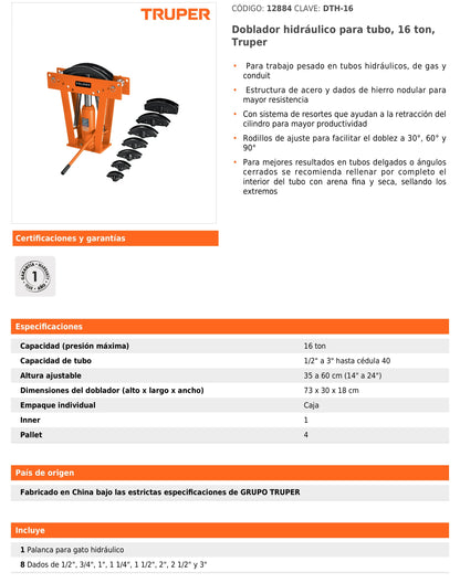 Doblador hidráulico para tubo de 16 toneladas con dados de hierro nodular