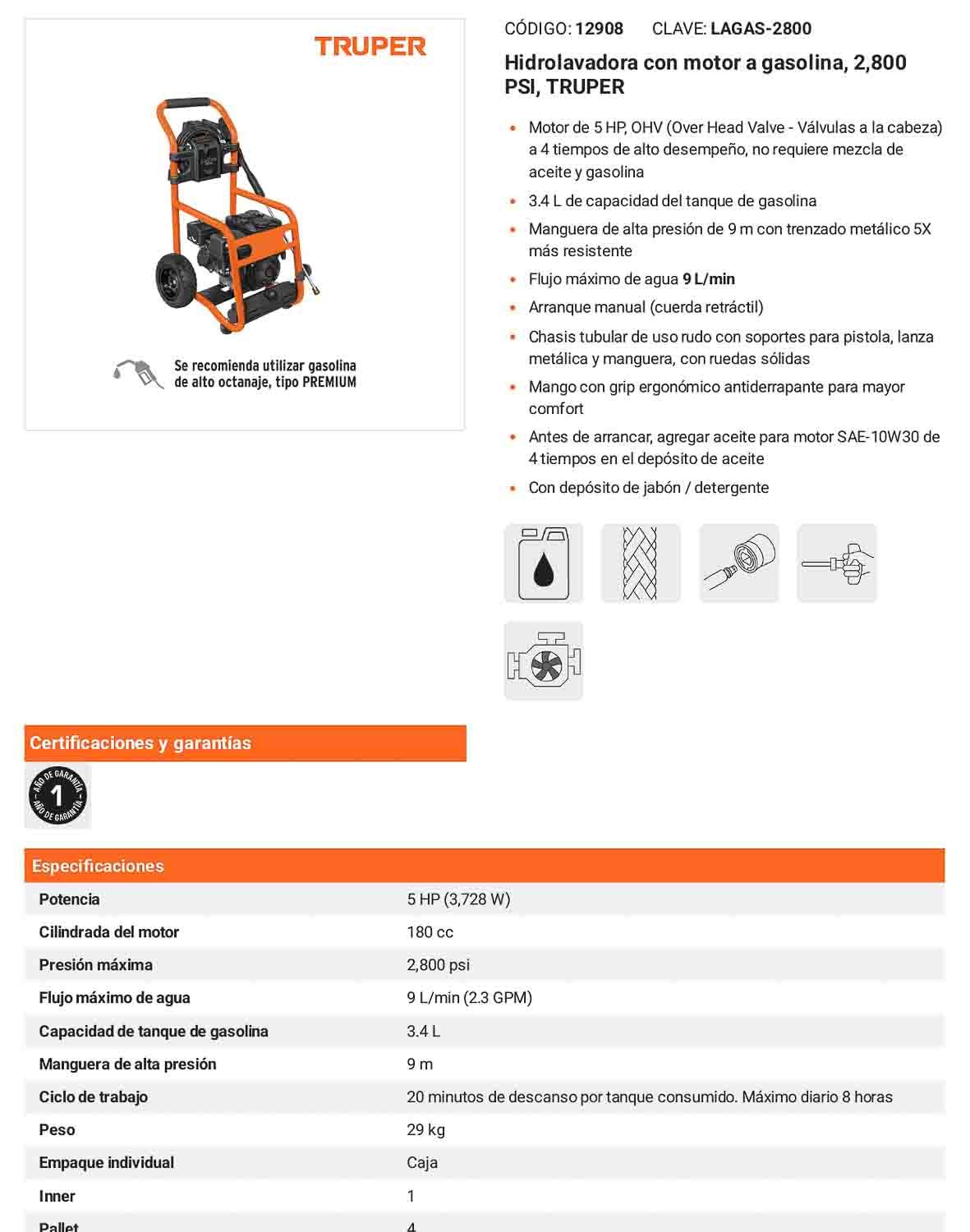 Hidrolavadora a gasolina 2800 PSI