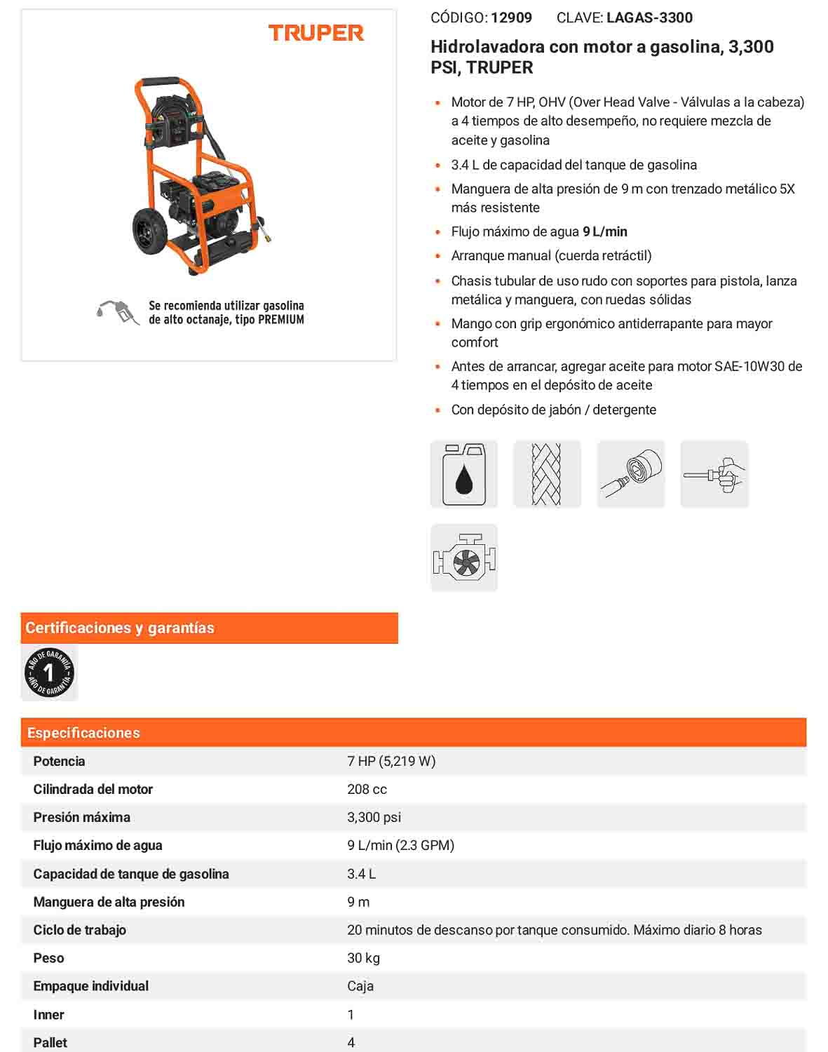 Hidrolavadora a gasolina 3300 PSI