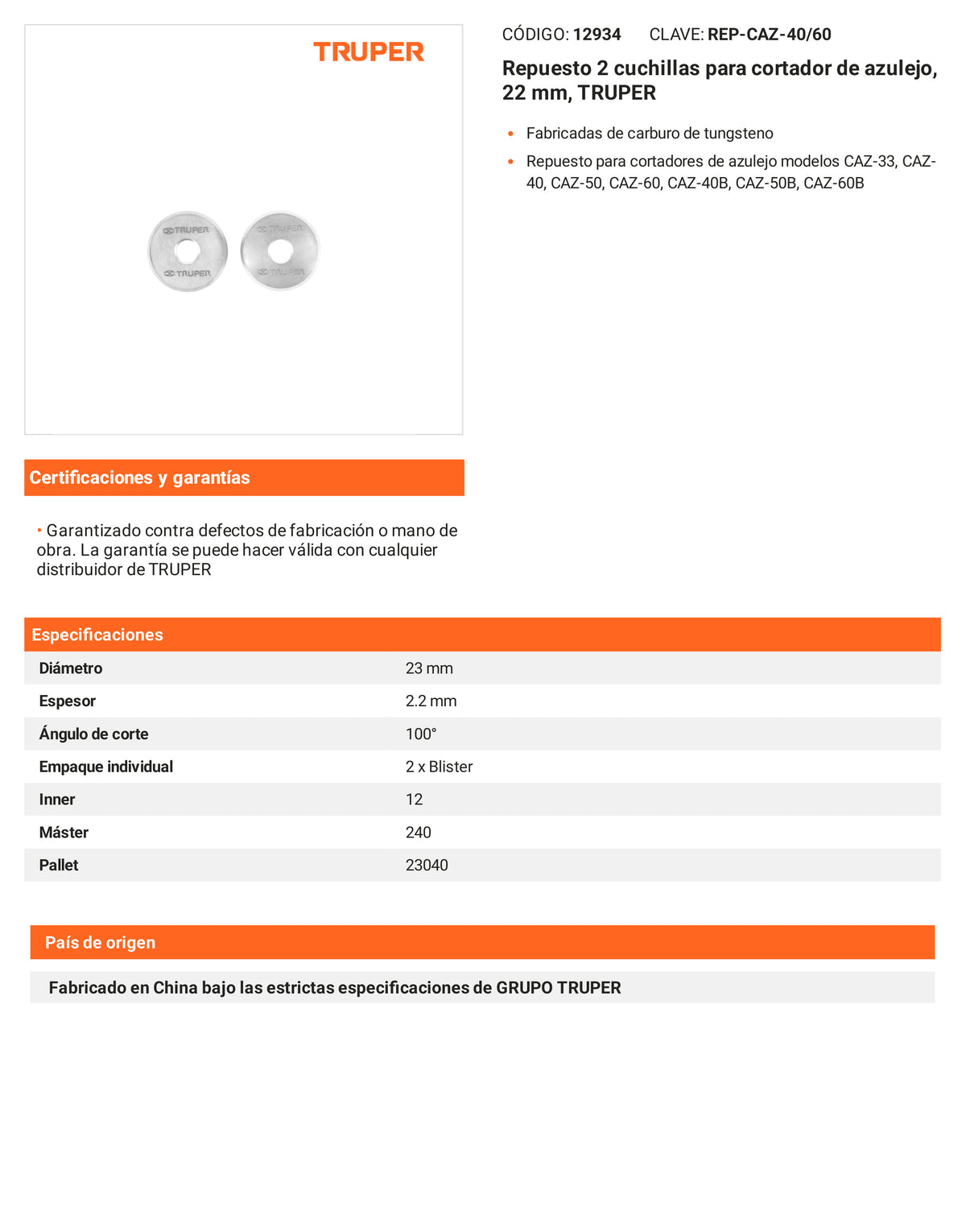 Ficha tecnica - Repuesto 2 cuchillas para cortador de azulejo 22 - SKU 12934