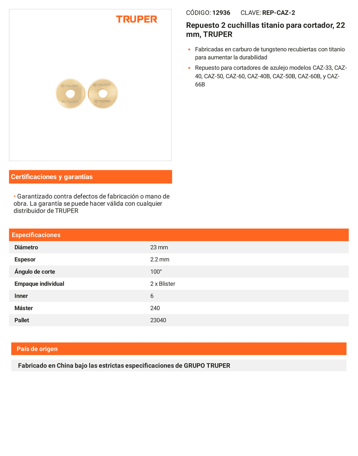 Ficha tecnica - Repuesto 2 cuchillas titanio para cortador - SKU 12936