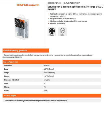 Dados Magnéticos de 3/8" – Estuche con 5 unidades