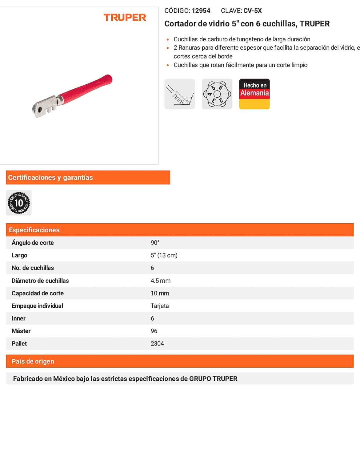 Cortador de vidrio 5 pulg. con 6 cuchillas