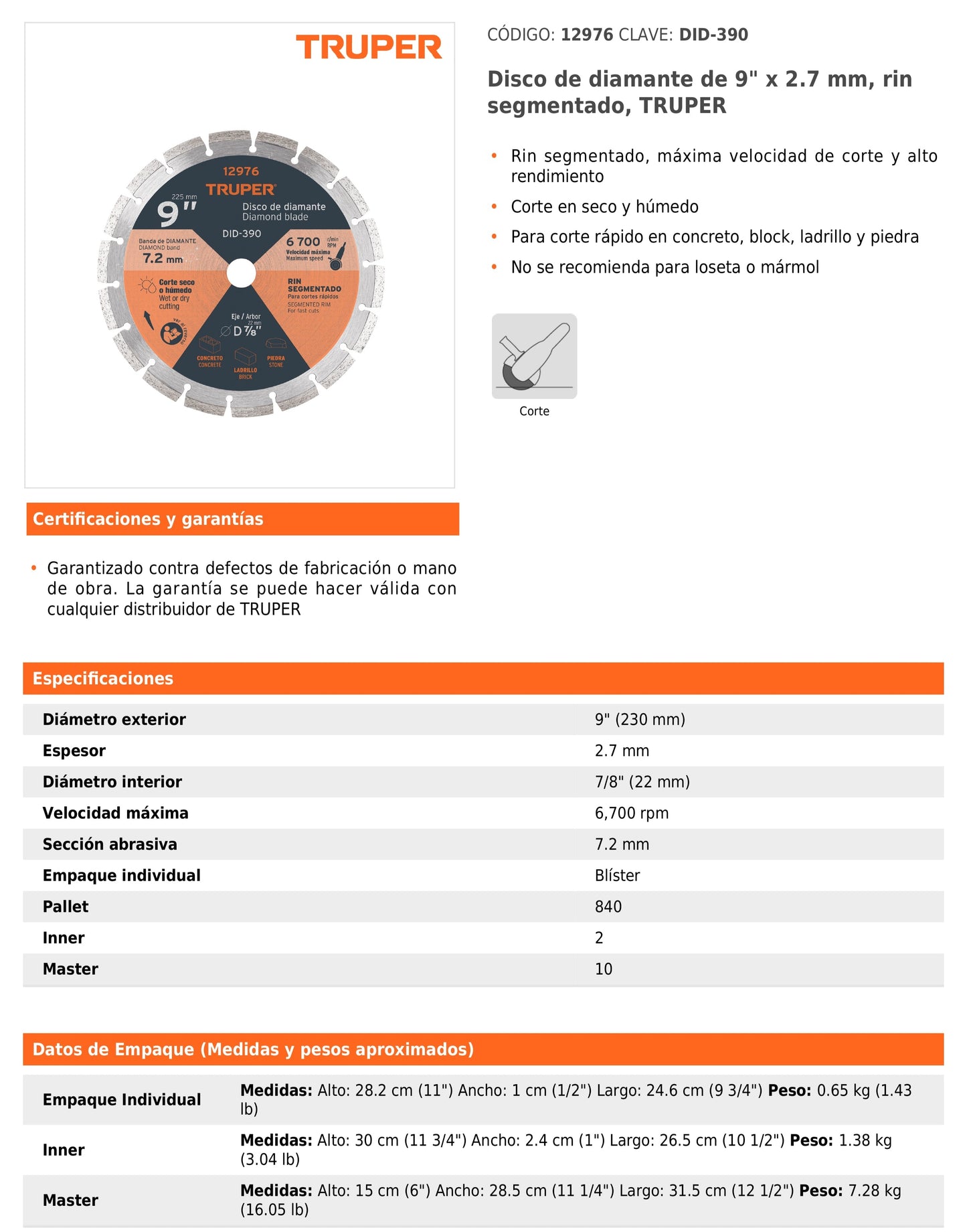 Disco de diamante de 9 in x 2.7 mm con rin segmentado para concreto y block