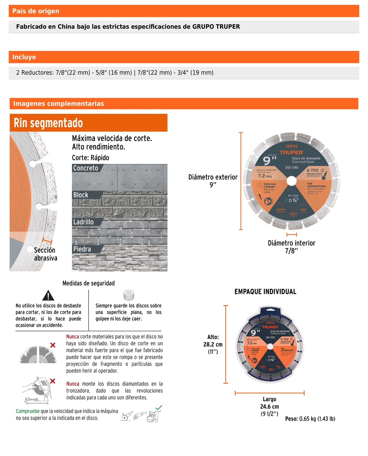 Disco de diamante de 9 in x 2.7 mm con rin segmentado para concreto y block
