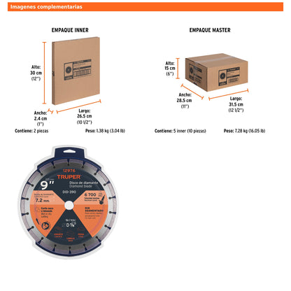 Disco de diamante de 9 in x 2.7 mm con rin segmentado para concreto y block