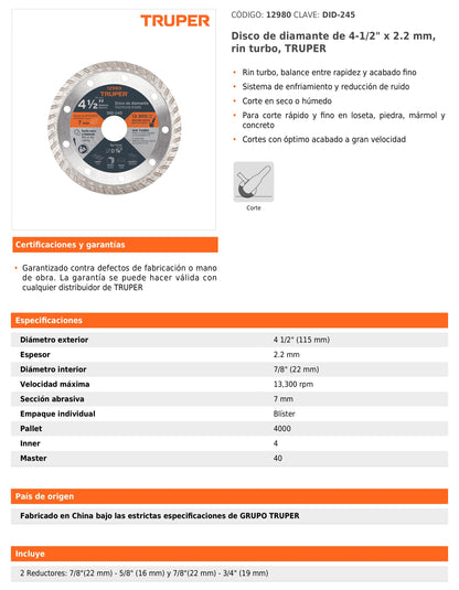 Disco de diamante de 4 1/2 in x 2.2 mm con rin turbo para corte fino en mármol y loseta