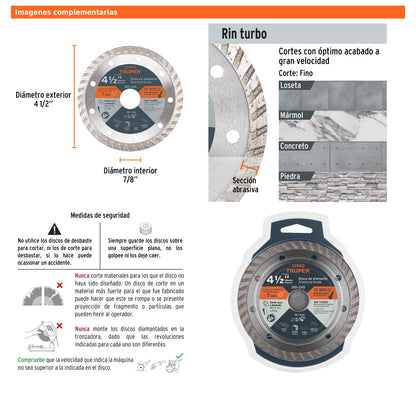 Disco de diamante de 4 1/2 in x 2.2 mm con rin turbo para corte fino en mármol y loseta