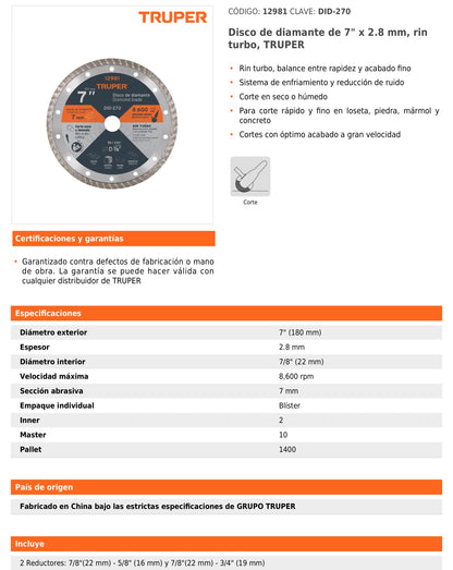 Disco de diamante de 7 in x 2.8 mm con rin turbo para corte fino en loseta y mármol