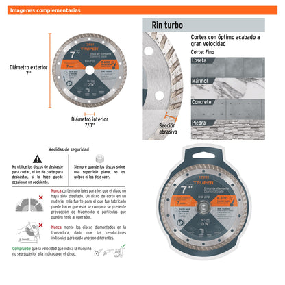 Disco de diamante de 7 in x 2.8 mm con rin turbo para corte fino en loseta y mármol