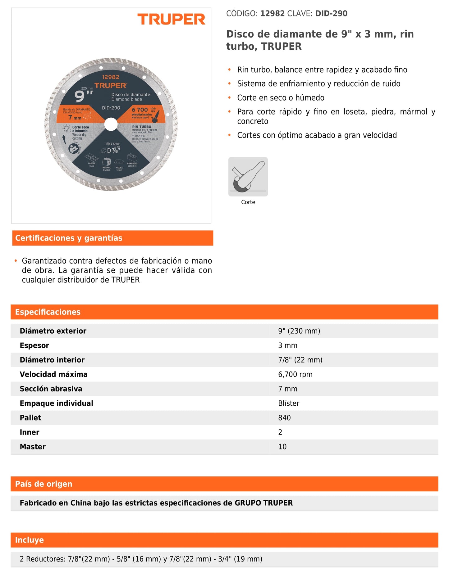 Disco de diamante de 9 in x 3 mm con rin turbo para corte fino en loseta y mármol