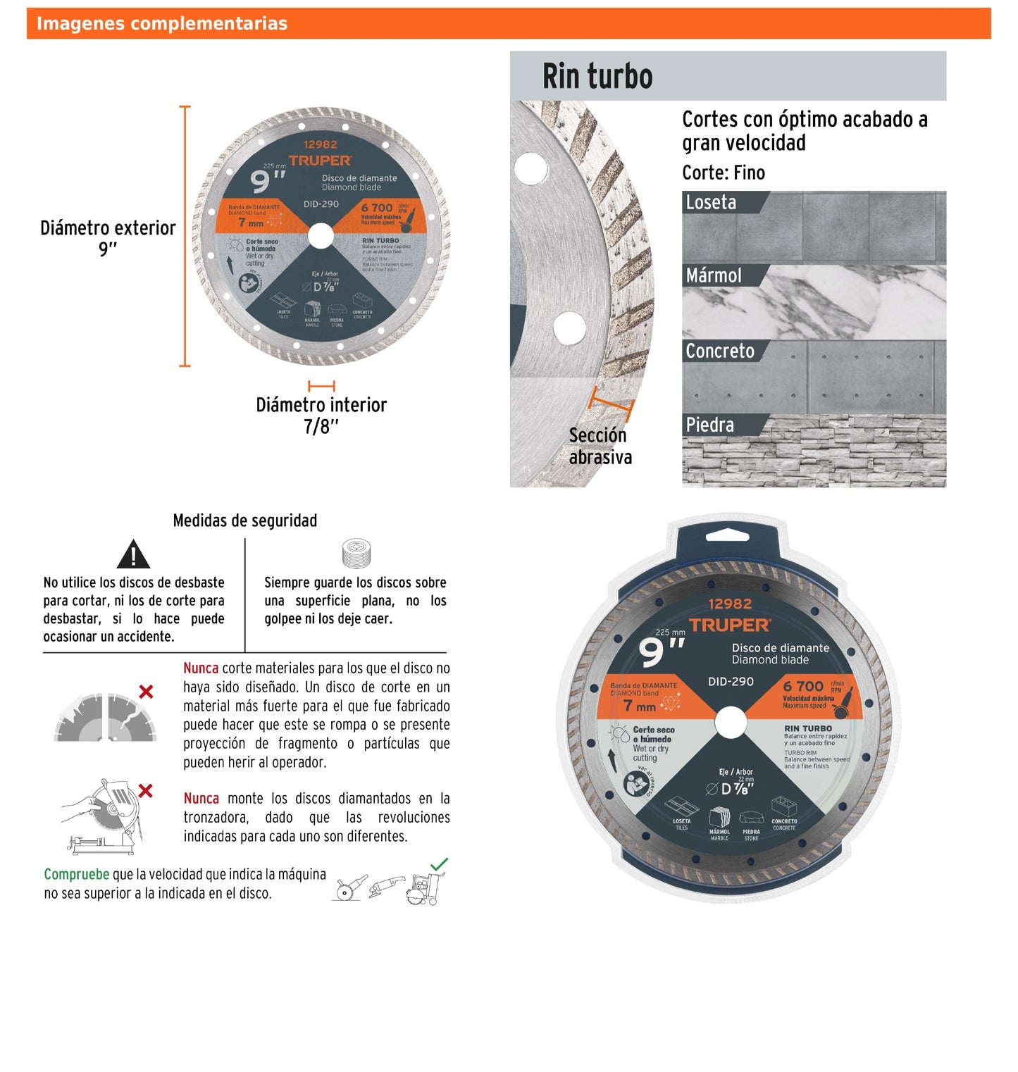 Disco de diamante de 9 in x 3 mm con rin turbo para corte fino en loseta y mármol