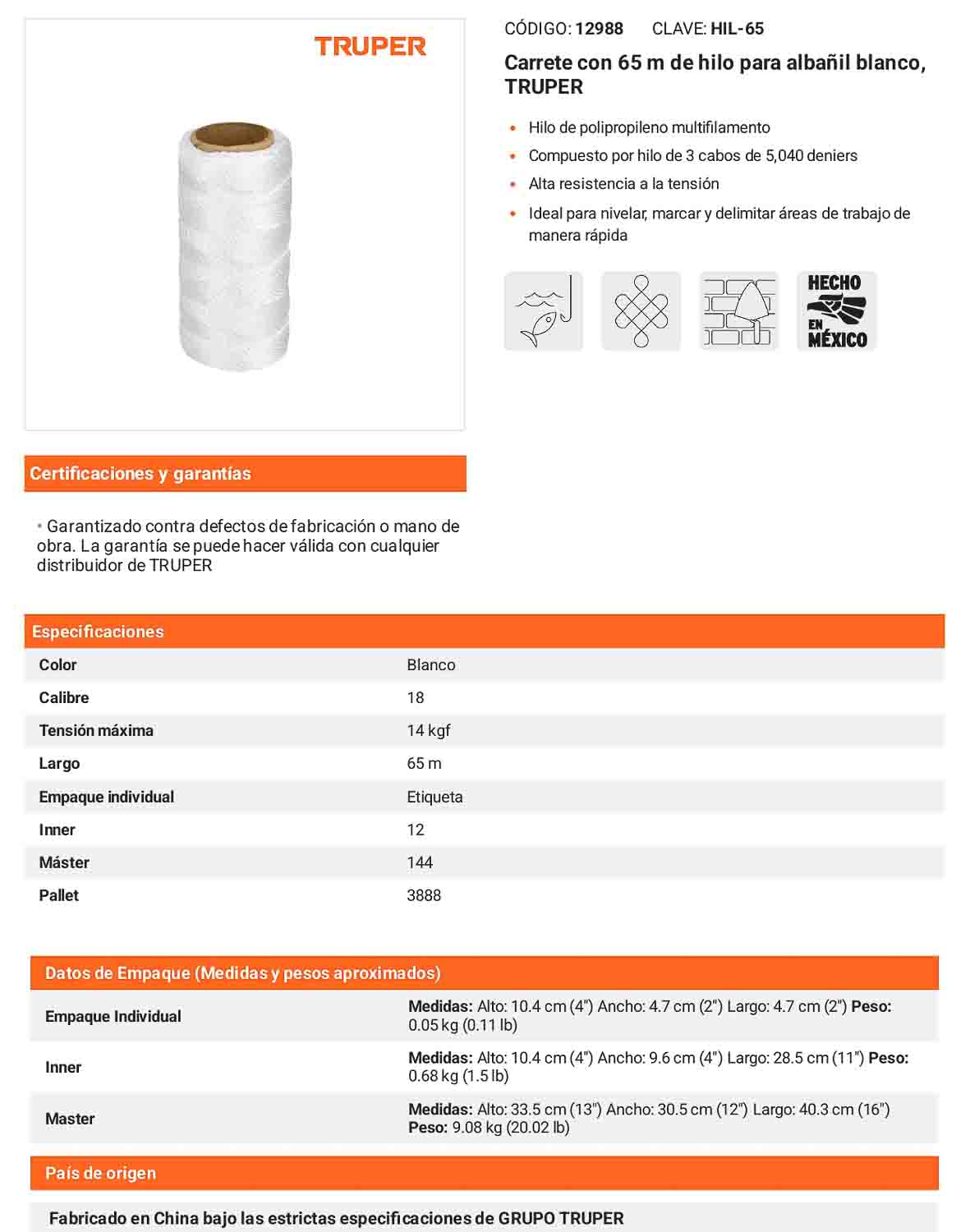 Hilo para albañil blanco 65 m