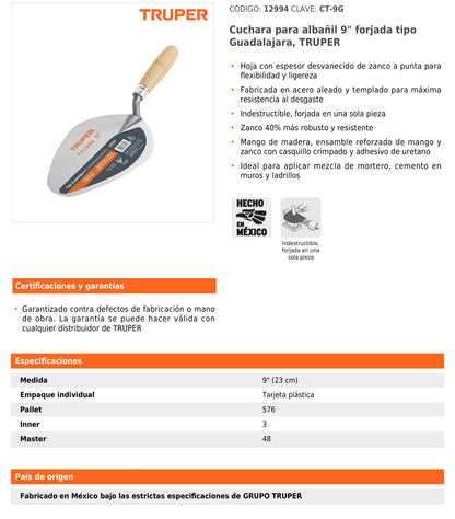 Cuchara para albañil 9" forjada tipo Guadalajara