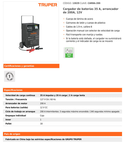 Cargador de 200 A para Baterías de 12 V, con Ruedas
