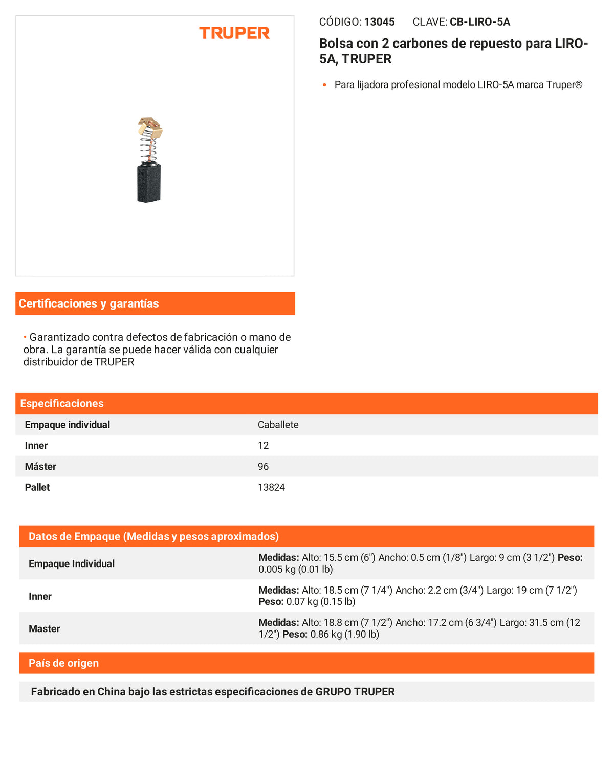 Ficha tecnica - 2 carbones para LIRO-5A - SKU 13045